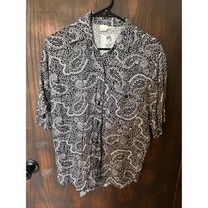 Short Circuit Mens Paisley Button Down Shirt Black White Rayon M Vintage Retro